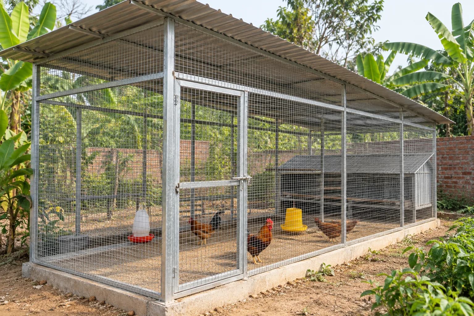 Minh họa AI chuồng gà thoáng có mái che và vách lưới trong vườn Việt Nam