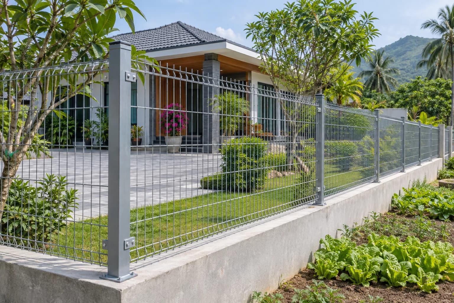 Minh họa AI hàng rào lưới thép hàn bên sân nhà vườn tại Việt Nam